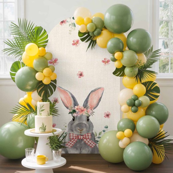 Easter Bunny Arch Backdrop Cover, 4FT, Watercolor Spring Red Floral Green Eucalyptus Leaves Cute Linen Texture Arch Covers Double-Sided Backdrop for Wedding Birthday Party Background Decoration