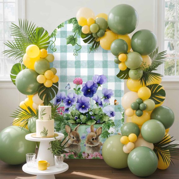 Easter Bunny Arch Backdrop Cover, 7.2FT, Watercolor Purple Pink Floral Leaf Flowerpot Blue Plaid Spandex Arch Covers Double-Sided Backdrop for Wedding Birthday Party Photo Background Decoration