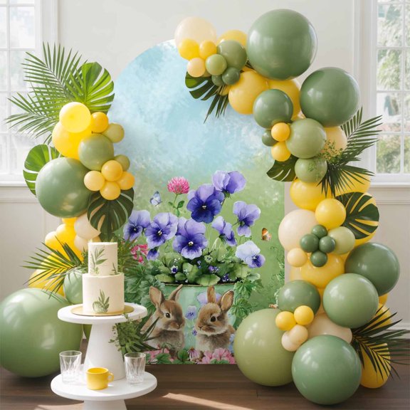 Easter Bunny Arch Backdrop Cover, 7.2FT, Watercolor Purple Pink Floral Leaf Flowerpot Gradient Green Blue Spandex Arch Covers Double-Sided Backdrop for Wedding Birthday Party Background Decoration