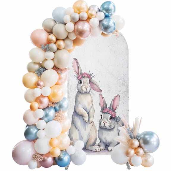 Easter Bunny Arch Backdrop Cover, Spandex Fitted Wedding Arch Cover, Cute Rabbits with Rings Retro Country Round Top Stand Covers for Birthday Ceremony Bridal Shower Party Decor 4x1.65 Ft