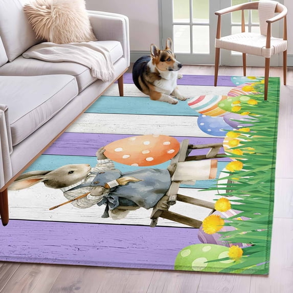 Easter Bunny Area Rug 4'x6', Colorful Eggs Spring Grass Purple Blue Wooden Washable Non-Slip Rugs, Low Pile Large Carpet for Living Room Bedroom Dining Room Kitchen Office Indoor Mat