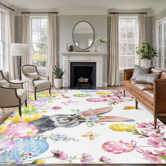 Easter Bunny Area Rug 5x8 Washable Rug Non Slip Colorful Easter Eggs Spring Pink Peach Flowers Large Area Rug Soft Stainresistant Indoor Floor Carpet for Living Room Bedroom Home Office Dining Room