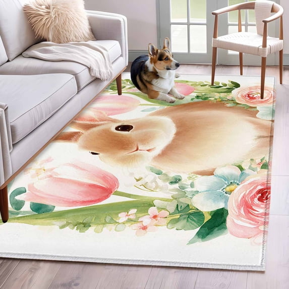 Easter Bunny Area Rugs 2.7'x5', Washable Small Throw Rugs for Kitchen Bedroom, Pink Tulip Flowers Rabbit Country Botanical Indoor Outdoor Rug Non-Slip Low Pile Carpet Runner Reversible Floor Mats