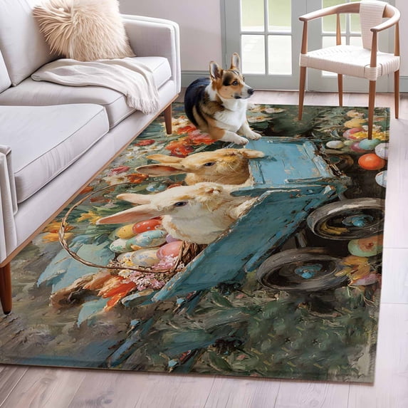 Easter Bunny Area Rugs 3'x5', Washable Small Throw Rugs for Living Room Bedroom, Rabbits Spring Flowers Eggs Country Vintage Indoor Outdoor Rug Non-Slip Low Pile Carpet Runner Reversible Floor Mats
