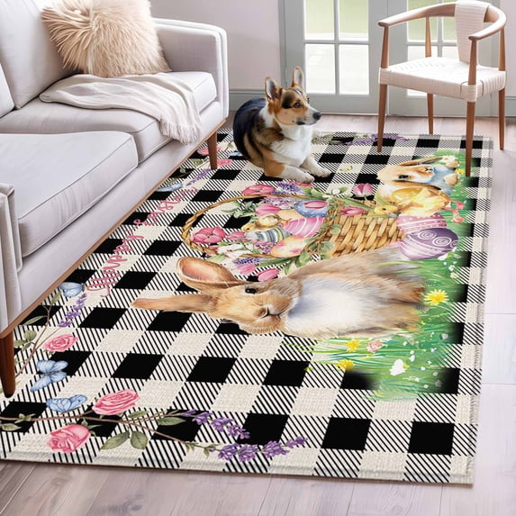 Easter Bunny Area Rugs 3'x5', Washable Small Throw Rugs for Living Room Bedroom, Spring Easter Eggs Floral Black White Check Indoor Outdoor Rug Non-Slip Low Pile Carpet Runner Reversible Floor Mats