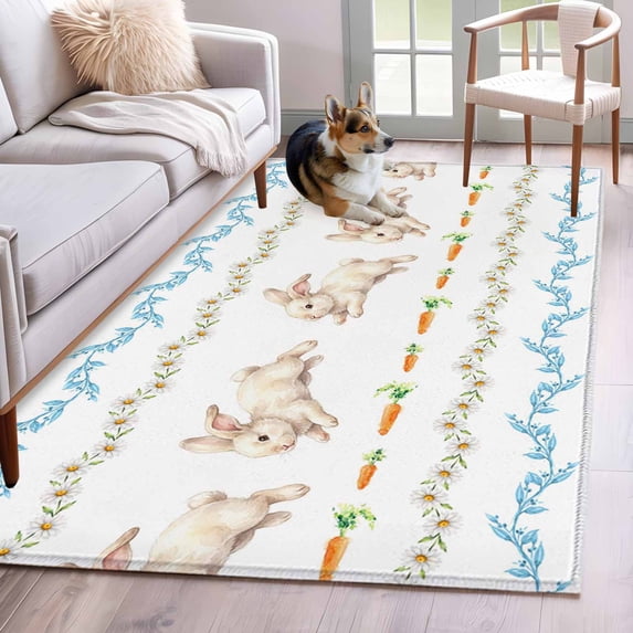 Easter Bunny Area Rugs 4'x6', Washable Small Throw Rugs for Office Bathroom, Blue Floral Daisy Spring Decor Indoor Outdoor Rug Non-Slip Low Pile Carpet Runner Reversible Floor Mats