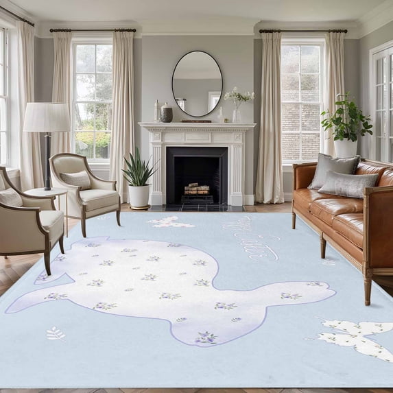 Easter Bunny Area Rugs 5'x7', Small Throw Rugs for Laundry Room Playroom, Watercolor Butterfly Cute Rabbit Flowers Blue Indoor Outdoor Rug Non-Slip Low Pile Carpet Runner Reversible Floor Mats