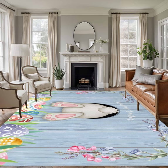 Easter Bunny Area Rugs 6'x9', Washable Small Throw Rugs for Kitchen Dining room, Cute Rabbit Colorful Eggs Rustic Blue Wooden Indoor Outdoor Rug Non-Slip Low Pile Carpet Runner Reversible Floor Mats
