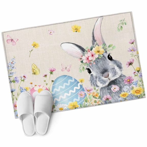 Easter Bunny Area Rugs Collection 2'x3', Blue Easter Eggs Spring Floral Linen Non Slip Indoor Rectangle Throw Runner Rug Floor Mat Carpet for Living Room Dining Table Bedroom Nursery