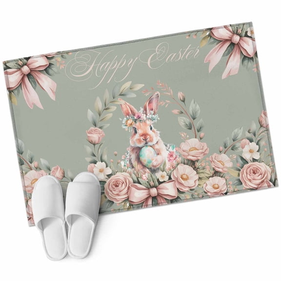 Easter Bunny Area Rugs Collection 2'x3', Cute Rabbit Rose Floral Country Leaves Plants Green Non Slip Indoor Rectangle Throw Runner Rug Floor Mat Carpet for Living Room Dining Table Bedroom Nursery