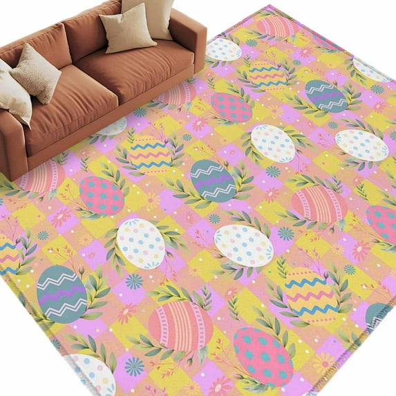 Easter Bunny Area Rugs Collection 5'x7', Colorful Eggs Spring Leaves Daisy Yellow Pink Plaid Non Slip Indoor Rectangle Throw Runner Rug Floor Mat Carpet for Living Room Dining Table Bedroom Nursery