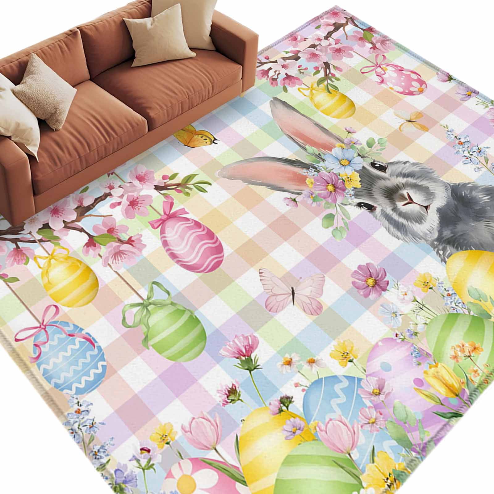 Easter Colors Rag Rug Easter Bunny Area Rugs Collection 6'x9', Spring Colorful Eggs Flower ...
