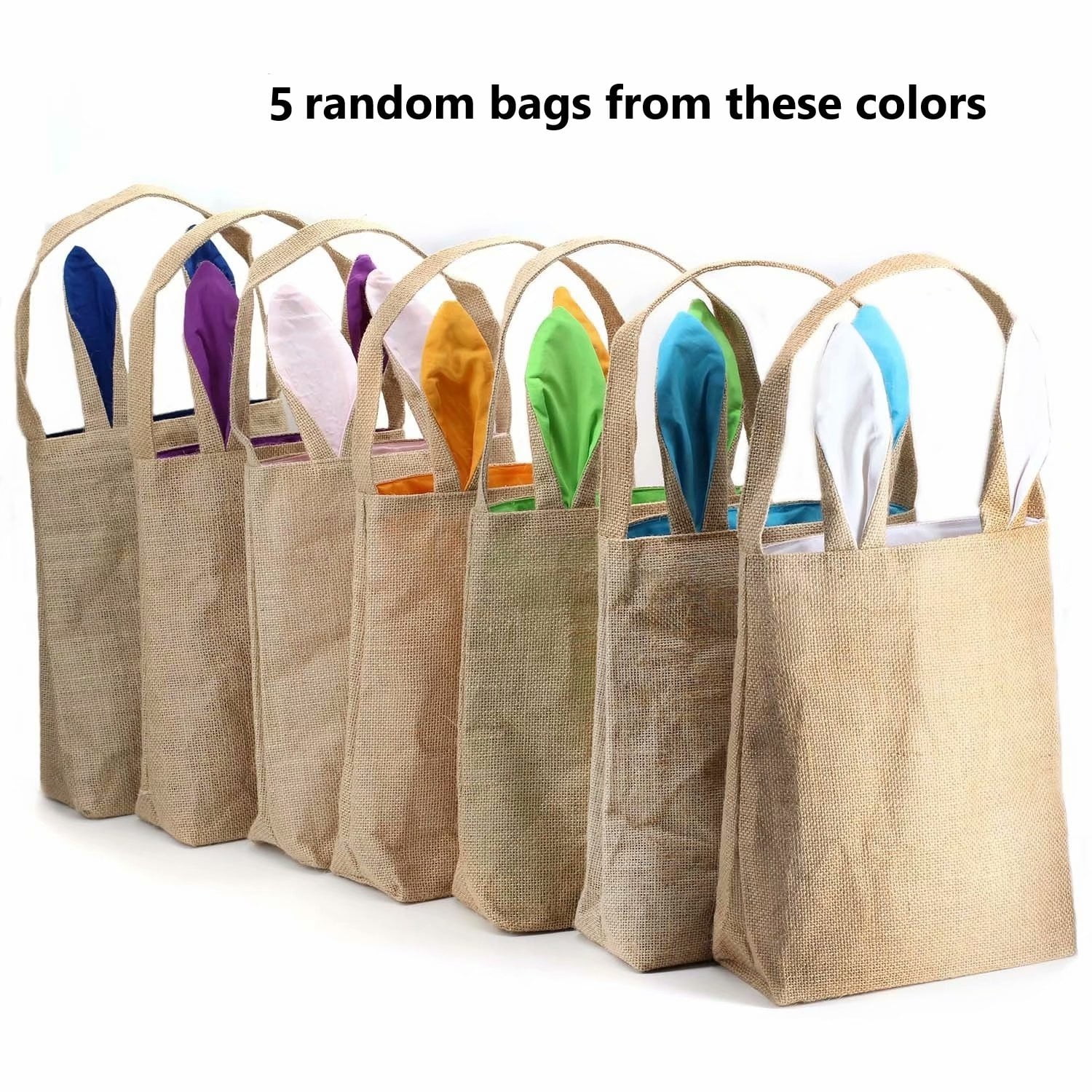 Easter Bunny Bag & Basket for Egg Hunts. Children's Tote Handbag Container with Bunny Ears Design, for Carrying Eggs, Candy, Gifts at Easter Party. (Bunny Ear Jute Tote Random colors 5 pk)