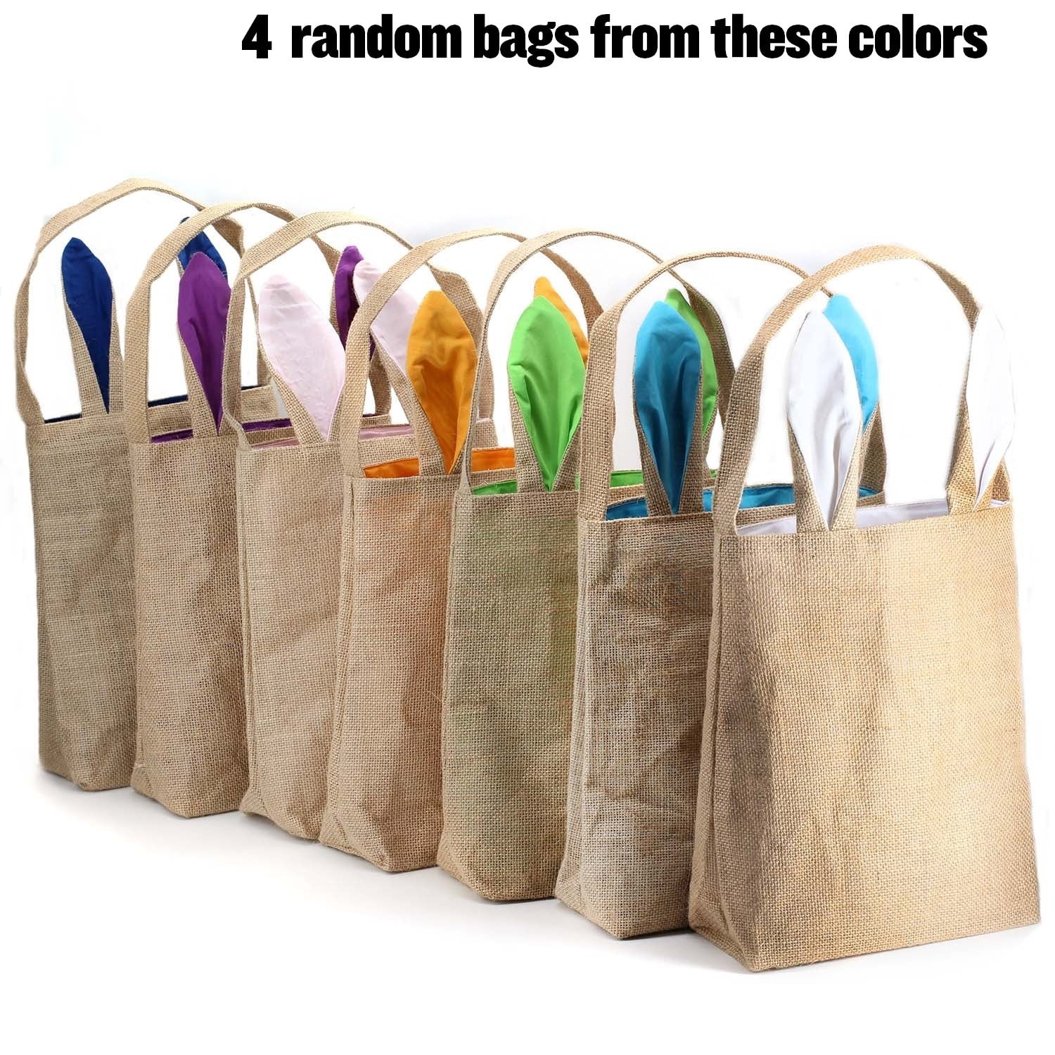 Easter Bunny Bag & Basket for Egg Hunts. Children's Tote Handbag Container with Bunny Ears Design, for Carrying Eggs, Candy, Gifts at Easter Party. (Bunny Ear Jute Tote Random colors 4 pk)