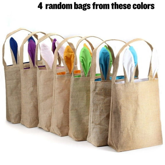 Easter Bunny Bag & Basket for Egg Hunts. Children's Tote Handbag Container with Bunny Ears Design, for Carrying Eggs, Candy, Gifts at Easter Party. (Bunny Ear Jute Tote Random colors 4 pk)