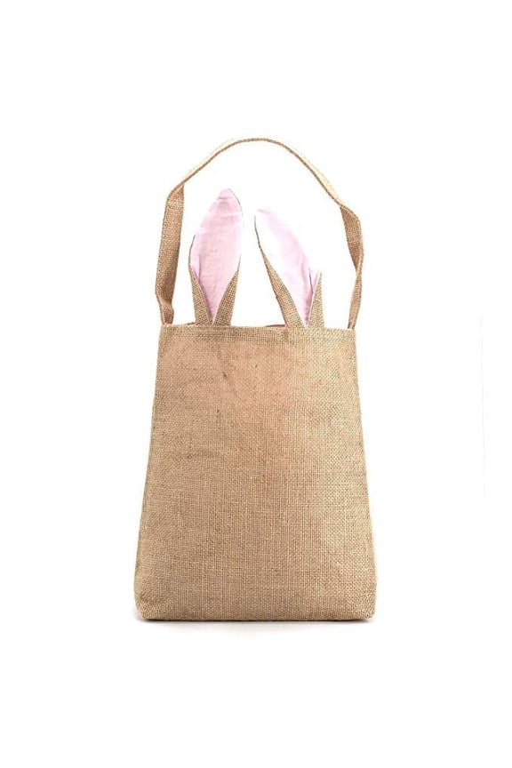 Easter Bunny Bag & Basket for Egg Hunts. Children's Tote Handbag Container with Dual Layer Bunny Ears Design, Excellent for Carrying Eggs, Candy, Gifts at Easter Party. (Bunny Ear Burlap Tote Pink)