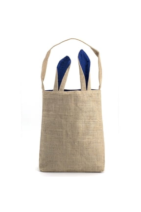 Easter Bunny Bag & Basket for Egg Hunts. Children's Tote Handbag Container with Dual Layer Bunny Ears Design, Excellent for Carrying Eggs, Candy, Gifts at Easter Party. (Bunny Ear Burlap Tote Navy)