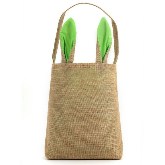 Easter Bunny Bag & Basket for Egg Hunts. Children's Tote Handbag Container with Dual Layer Bunny Ears Design, Excellent for Carrying Eggs, Candy, Gifts at Easter Party. (Bunny Ear Jute Tote Green)