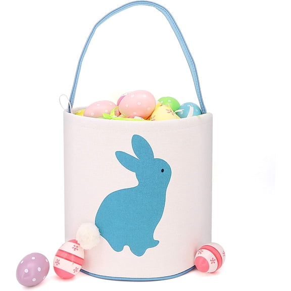 Easter Bunny Bag & Basket for Egg Hunts. Children's Tote Handbag Container with Dual Layer Bunny Ears Design, Excellent for Carrying Eggs, Candy, Gifts at Easter Party. (Easter Cylinder Lightblue)
