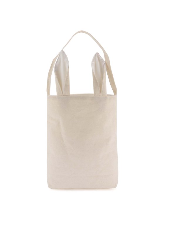 Easter Bunny Bag - Easter Basket Tote Handbag - Dual Layer Bunny Ears Design Jute Cloth Material - Excellent for Carrying Eggs Gifts to Easter Party, 10" x 4" x 12", White