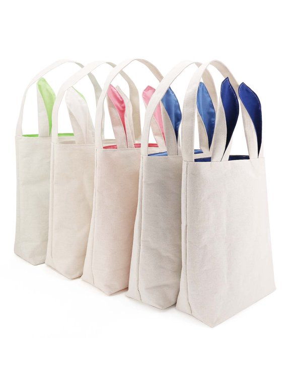 Easter Bunny Bag for Egg Hunts. Easter Basket Tote Handbag, Dual Layer Bunny Ears Design with Jute Cloth Material, Easter Party, Event. 10" x 4" x 12", (5 Pack)