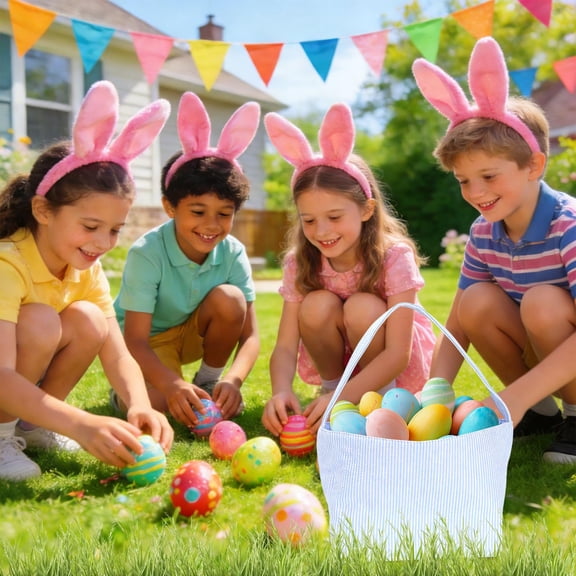 Easter Bunny Bag for Kids, Staron Durable Canvas Easter Basket with Handles, Foldable Holiday Gift Bag for Egg Hunts Party Favors Storage