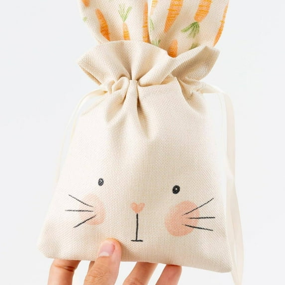 Easter Bunny Bags Linen Drawstring Cloth Bags Candy Gift Bags for Easter Egg Hunt & Birthday Party Favors, Rustic Garden Tea Party Decorations (Beige)