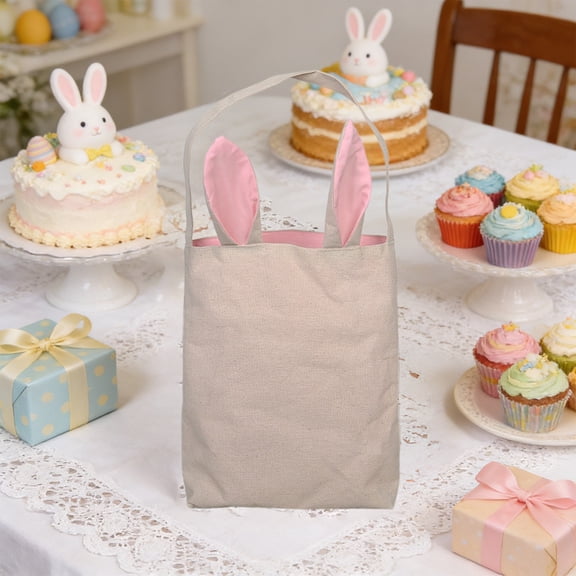 Easter Bunny Bags Rabbit Ear Easter Baskets Jute Burlap Tote Gifts Bags Eggs Carry Bucket Bunny Bags Burlap Egg Hunt Party Decorations 11.8x11.8 in