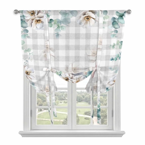 Easter Bunny Balloon Curtains 63 Inch Length for Living Room/Bedroom, Eucalyptus Leaves Rabbit Flowers Grey Plaid Rod Pocket Privacy Door Curtains Decorative Tie Up Shade for Window 52"x63"