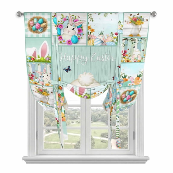 Easter Bunny Balloon Curtains for Bedroom/Front Door/Bathroom, Spring Farmhouse Gnomes Wooden Grain Tie Up Curtains 63 Inch Length Light Filtering Kitchen Curtains Shades for Windows 46"x63"