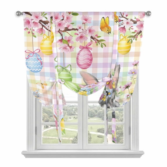 Easter Bunny Balloon Curtains for Windows, Bedroom Curtains 54 Inch Length, Spring Colorful Eggs Flower Branch Plaid Tie Up Curtains Panels Thermal Insulated Bathroom Curtains Window 42"x54"