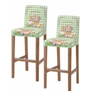 Easter Bunny Bar Stool Covers Set of 2, Spring Easter Eggs Floral Sage Green Check Stretch Washable Bar Chair Covers with Backs, Removable Pub Counter Height Chair Cover for Kitchen Dining Room Cafe