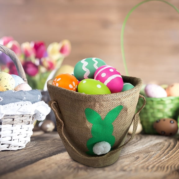 Easter Bunny Basket - 9.4 inch Burlap Carrying with Handles Gift and Eggs Hunt Bag, Fluffy Tails Printed Rabbit Toys Bucket Tote Basket Bags for Kids - Green