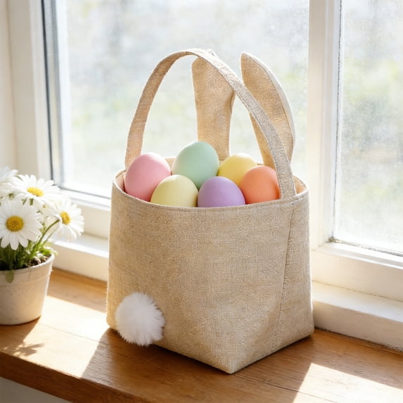 Easter Bunny Basket Bag with Fluffy Ears - Cute Rabbit Bucket Tote with Handle for Egg Hunt,Candy Storage & Party Decorations,Easter Gift Basket for Kids