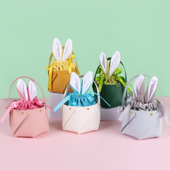 Easter Bunny Basket Bags, Rabbit Ear Velvet Drawstring Candy Bag Leather Basket Buckets for Party Supplies Toy Storage Easter Decoration