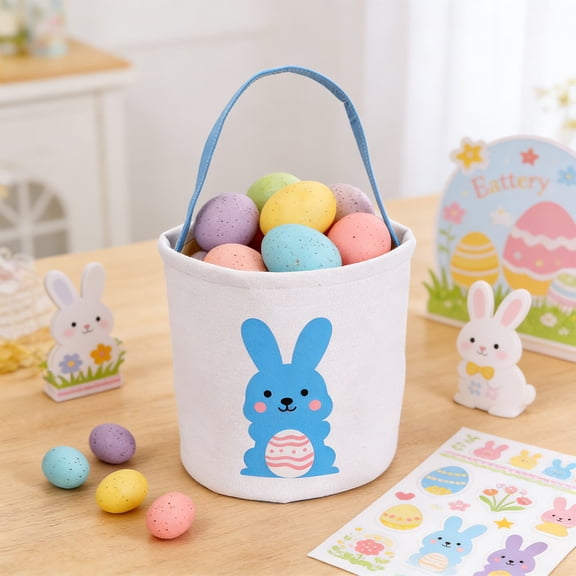 Easter Bunny Basket Bags for Kids, Canvas Cotton Personalized Egg Basket Hunt Bags Cute Rabbit Print Buckets for Easter Eggs, Candy, Gift