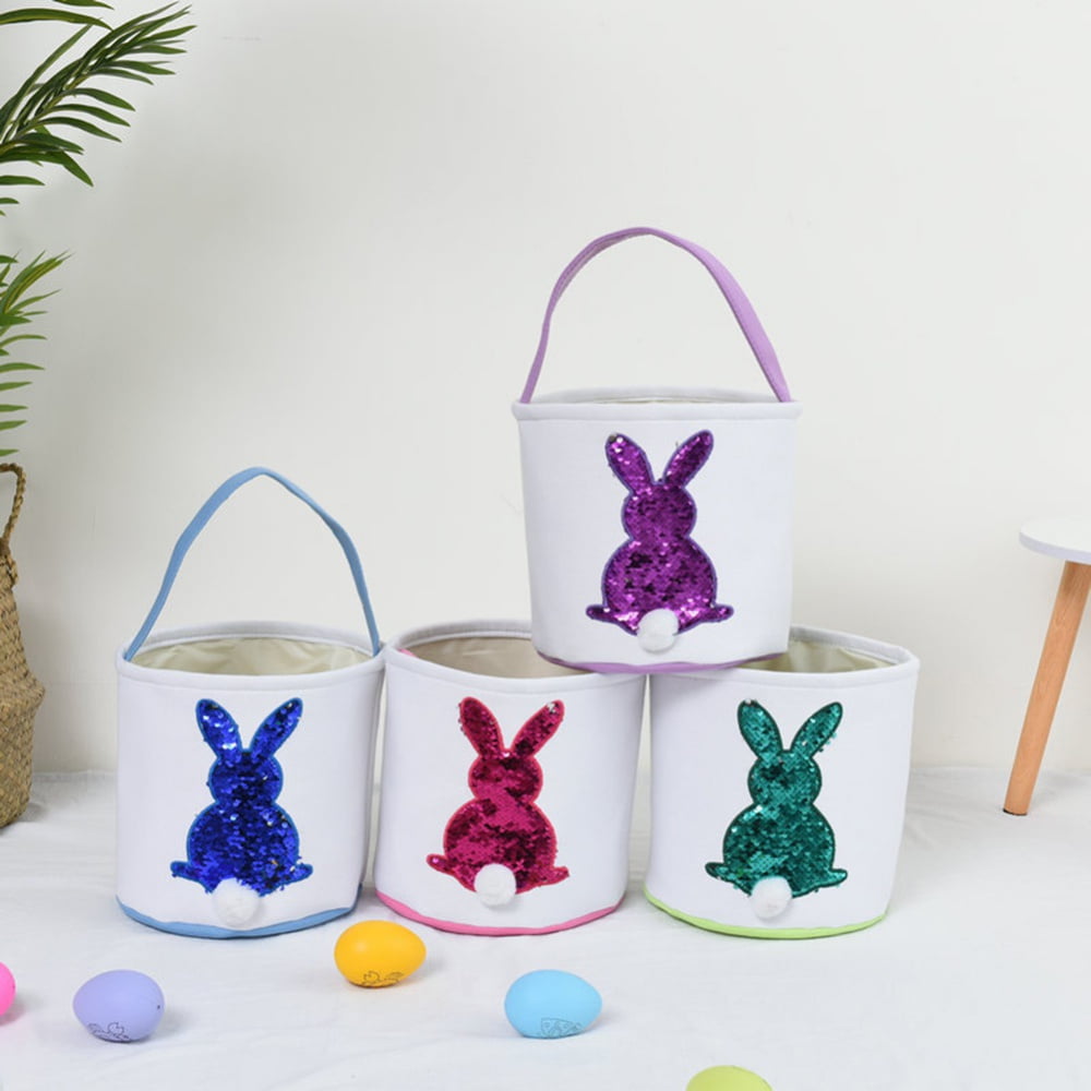 Easter Bunny Basket Bags for Kids, Sequin Rabbit Pattern Egg Basket Hunt Bags Canvas Cotton Bucket with Fluffy Tail for Easter Eggs, Candy, Gift