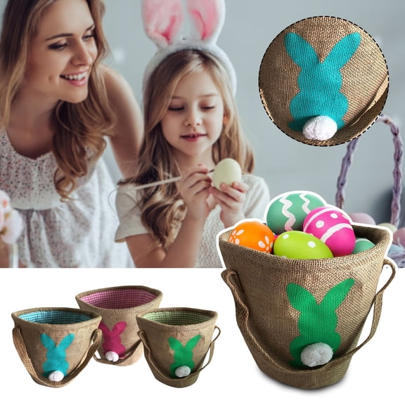 Easter Bunny Basket - Burlap Carrying with Two Handles Gift and Eggs Hunt Bag, Fluffy Tails Printed Rabbit Toys Bucket Tote Basket Bags for Daughter Son Green