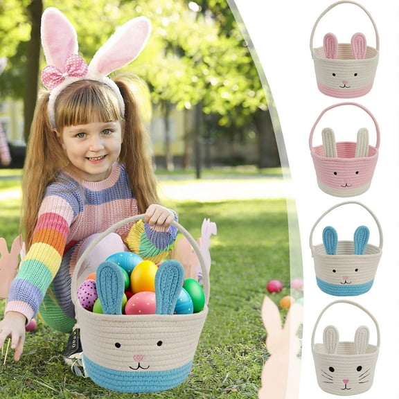 Easter Bunny Basket Cute Cotton Rope Storage Baskets Tote with Long Handle for Desktop Home Party School