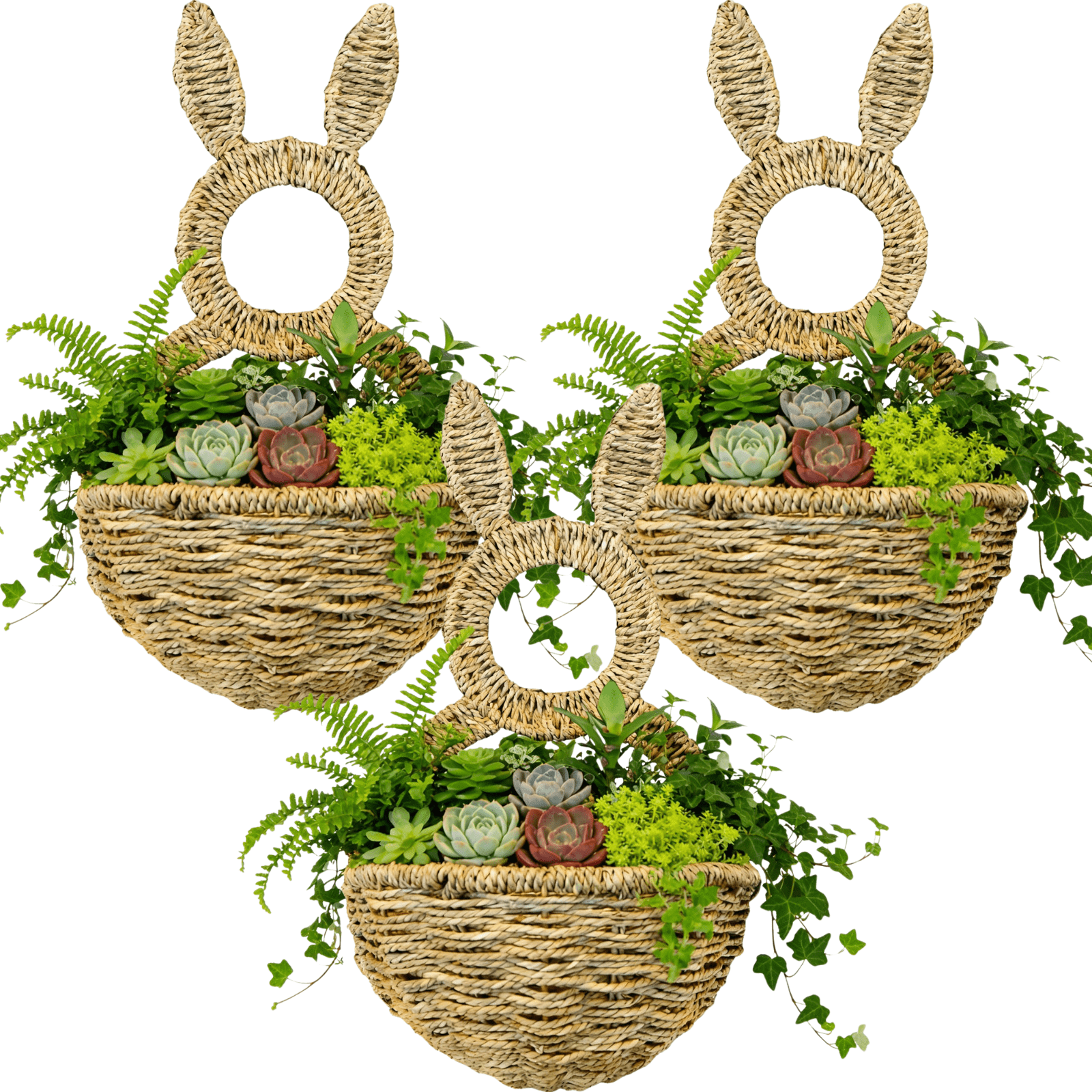 Easter Bunny Basket Door Wreath - Hand Woven Wicker Basket Rabbit Decor for Front Door, Spring Wall Hanging Home Decor, Indoor Outdoor Easter Decoration, Gifts (3 Pack)