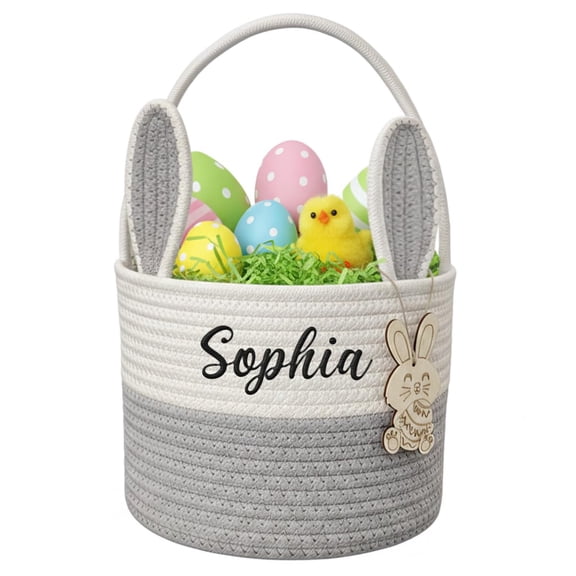 Easter Bunny Basket, Easter Egg Hunt Bucket, Rabbit Storage Basket With Wooden Tags, Easter Gifts.(Grey)