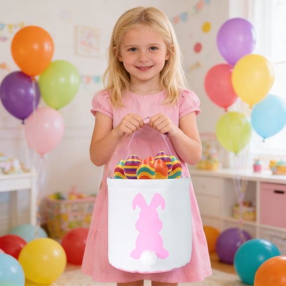 Easter Bunny Basket Egg Bags,Canvas Cotton Personalized Candy Egg Basket Rabbit Print Buckets with Fluffy Tail Gifts Bags for Easter