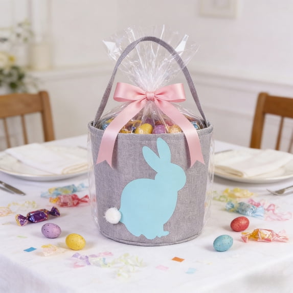Easter Bunny Basket Egg Buckets Tote Bags,Easter Tote Bag for Women Easter Bunny Gift Bags with Handle,Easter Bunny Basket Bags Carrying Gift and Eggs Hunt Bag,Rabbit Canvas Toys Bucket Tote