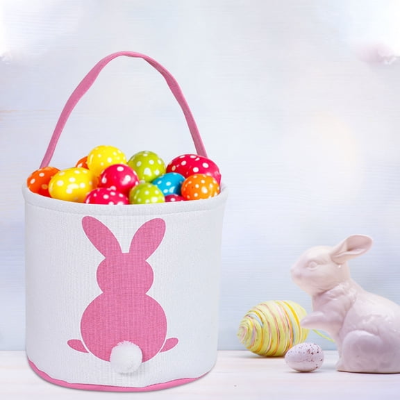 Easter Bunny Basket – Fabric Storage Bin & Gift Bag: Cute Pompom Bunny Design, Collapsible Easter Egg Hunt Basket for Kids, Party Favors & Organizing (4 Colors: Pink/Purple/Blue/Green)