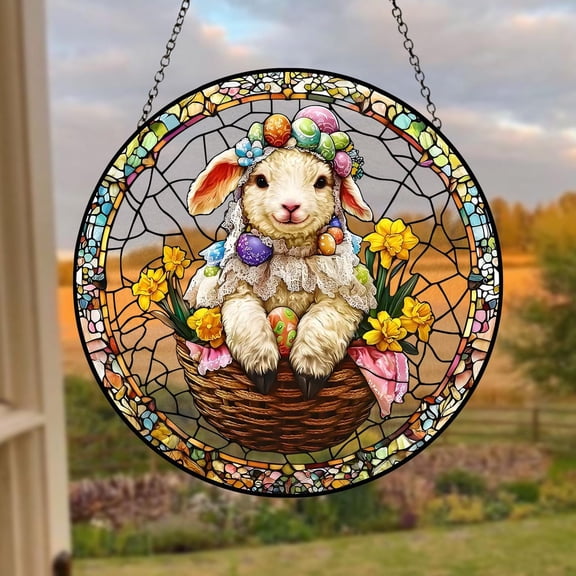 Easter Bunny Basket Glass Suncatcher, Cute Spring Window Hanging, Floral Rabbit, 6.3 in