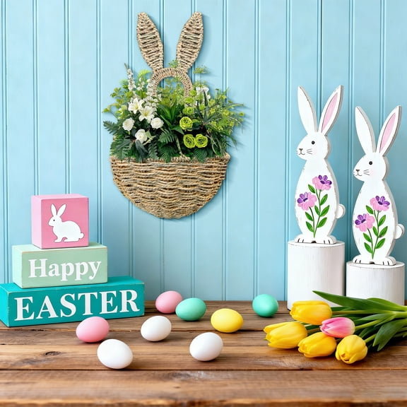 Easter Bunny Basket With Handle & Bunny Ears,Brown Hanging Basket for Front Door,Reusable Hand Wicker Woven Flower Baskets For Egg Hunt,Floral,Spring Home Garden Wall Decor