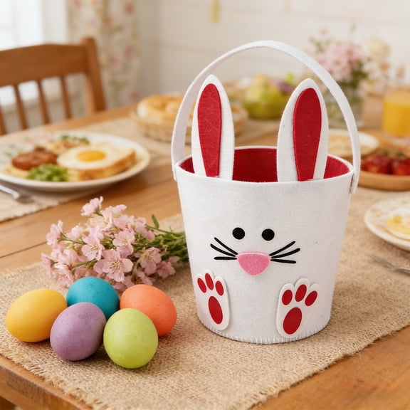 Easter Bunny Basket with Handle Easter Bucket Egg Hunt Basket for Canvas Rabbit Print Basket with Fluffy Tail Candy Egg Toy Easter Basket Tote Easter Decor