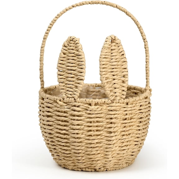 Easter Bunny Basket with Handle Handmade Wicker Bunny Ears Picnic Basket Sturdy Rattan Woven Rabbit Storage Container for Easter Gifts Egg Hunt Flower Candy Organizer Spring Party Decor