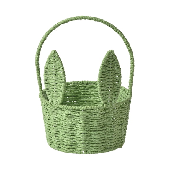 Easter Bunny Basket with Handle Handmade Wicker Bunny Ears, Rattan Woven Rabbit Picnic Basket, Storage Container for Easter Gifts Egg Hunt Flower Candy Organizer Spring Party Decor (Green)