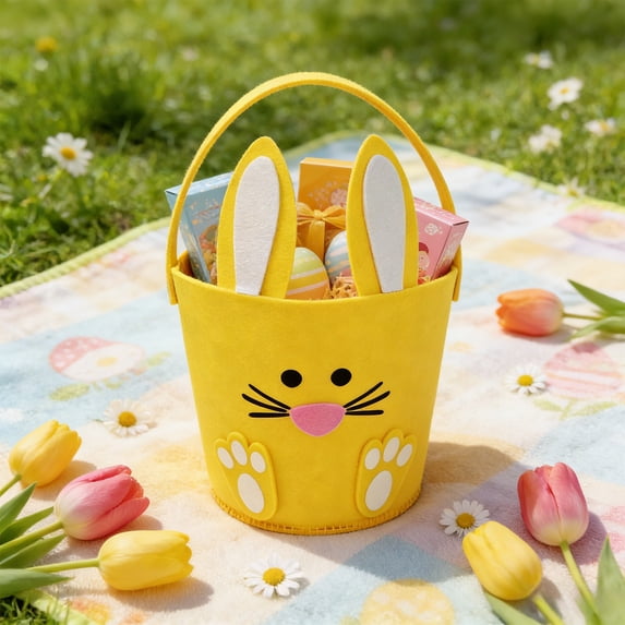 Easter Bunny Basket Non Woven for Ki-ds, Reusable Easter Candy Bucket for Egg Hunt, Gift Bag, Party Favors, Foldable Storage Tote for Spring Home Decor, 1 Pack
